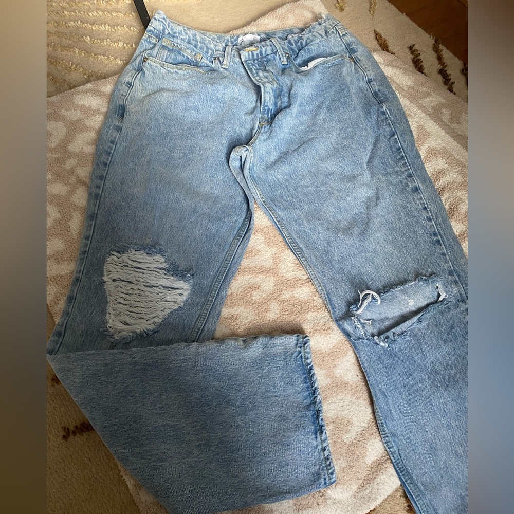 Good American Light Blue Distressed Flare Jeans